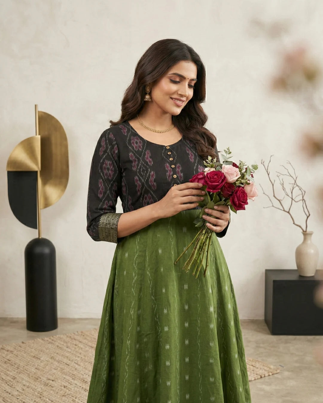 Nila Harita Black & Olive Green Sambalpuri Handloom Gown