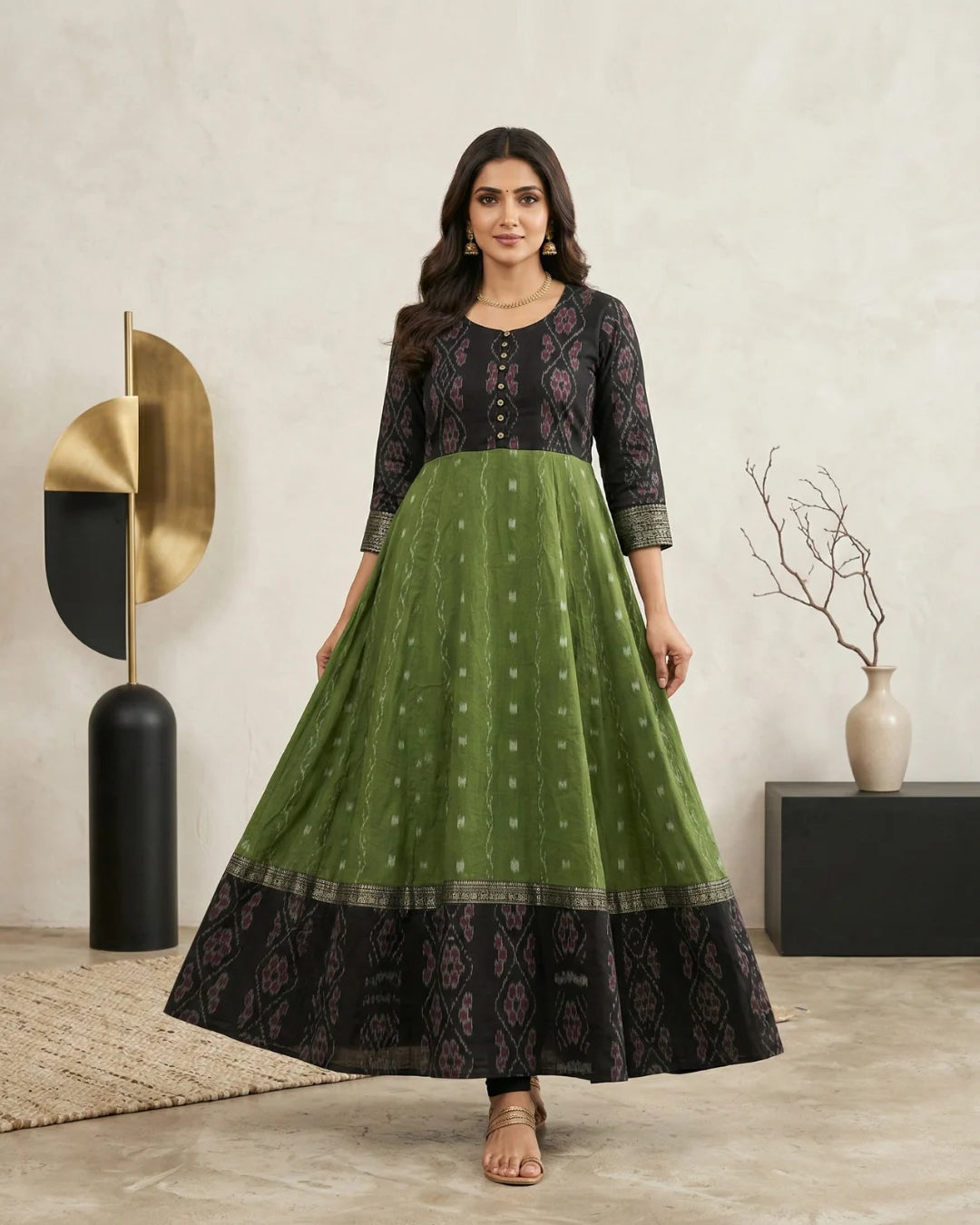 Nila Harita Black & Olive Green Sambalpuri Handloom Gown