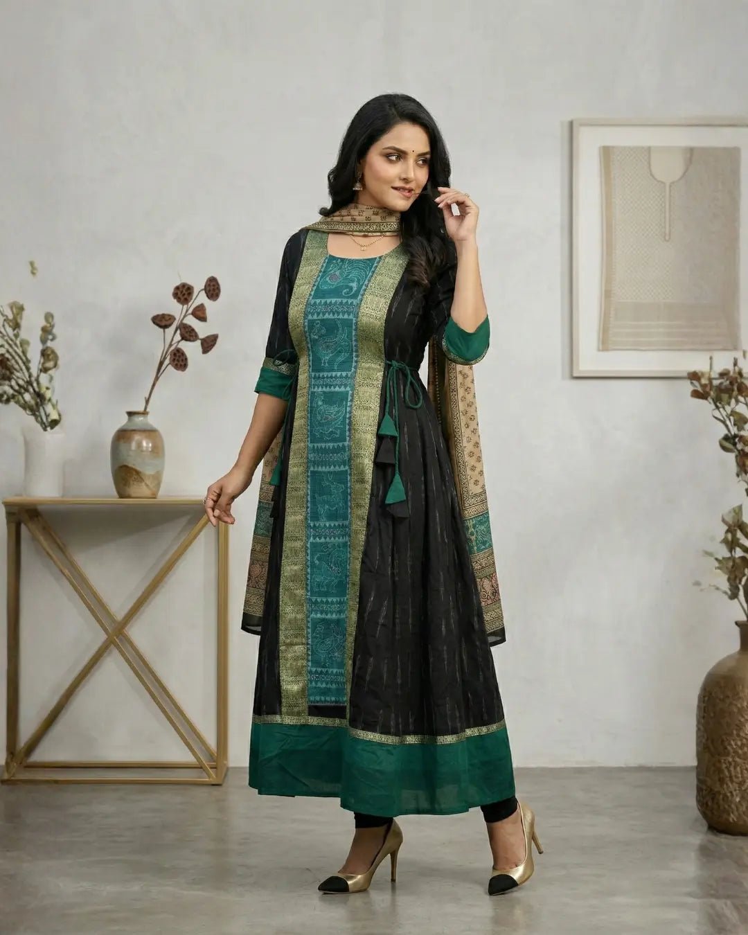 Syama Harita Black & Emerald Green Sambalpuri Handloom Gown - PINDHAN
