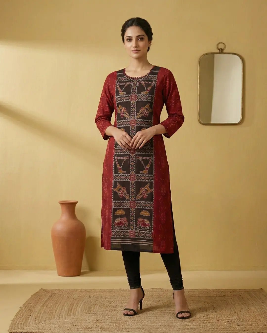 Chandraruṇi Crimson & Black Sambalpuri Handloom Kurti Set - PINDHAN