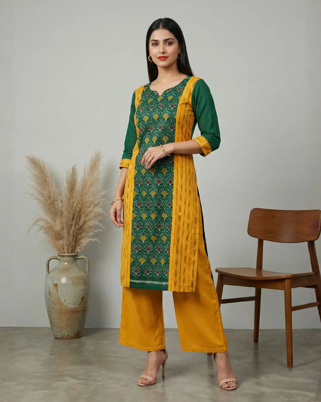 Vanika Mustard Yellow & Green Handloom Kurti Set