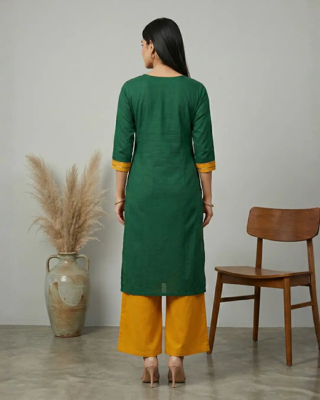 Vanika Mustard Yellow & Green Handloom Kurti Set