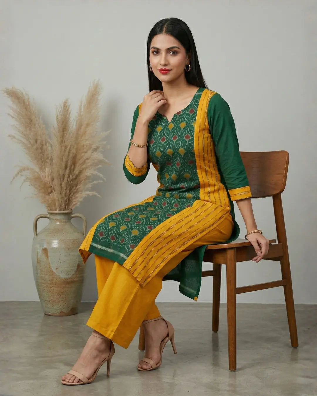 Vanika Mustard Yellow & Green Handloom Kurti Set