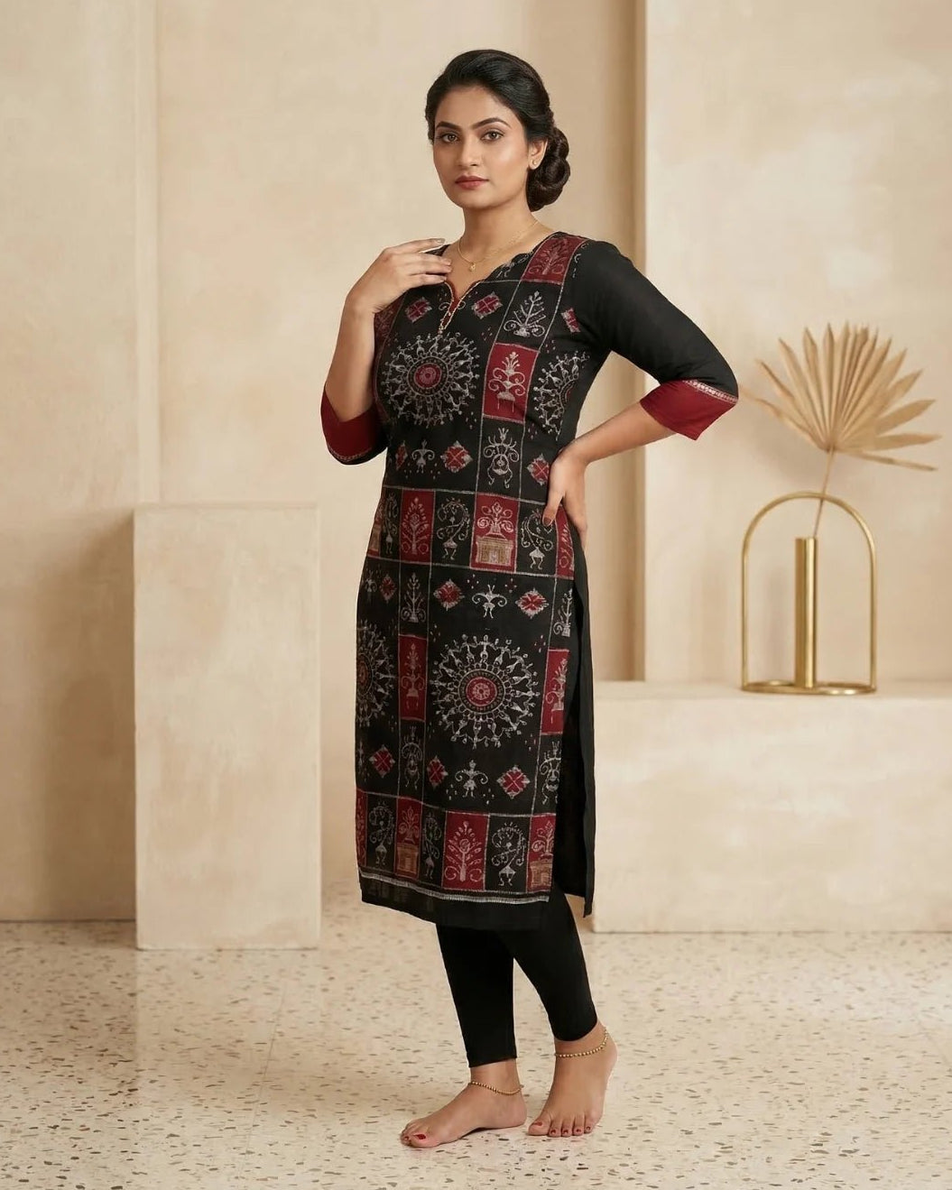 Dipamandala Black & Maroon Sambalpuri Handloom Kurti - PINDHAN