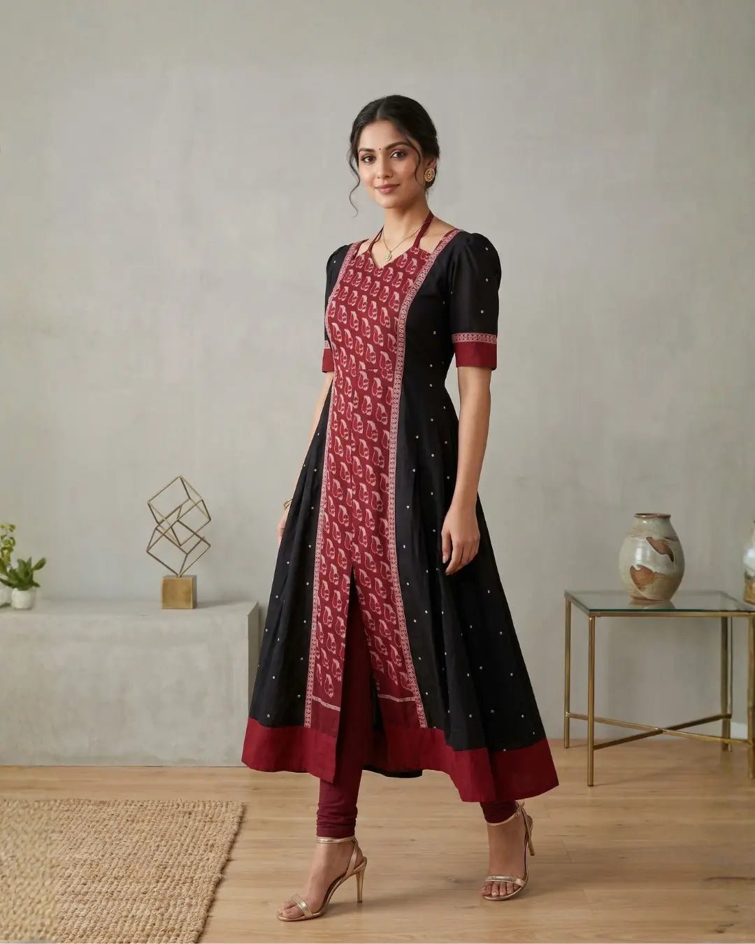 Sobhamanjari Black & Maroon Sambalpuri Handloom Gown - PINDHAN