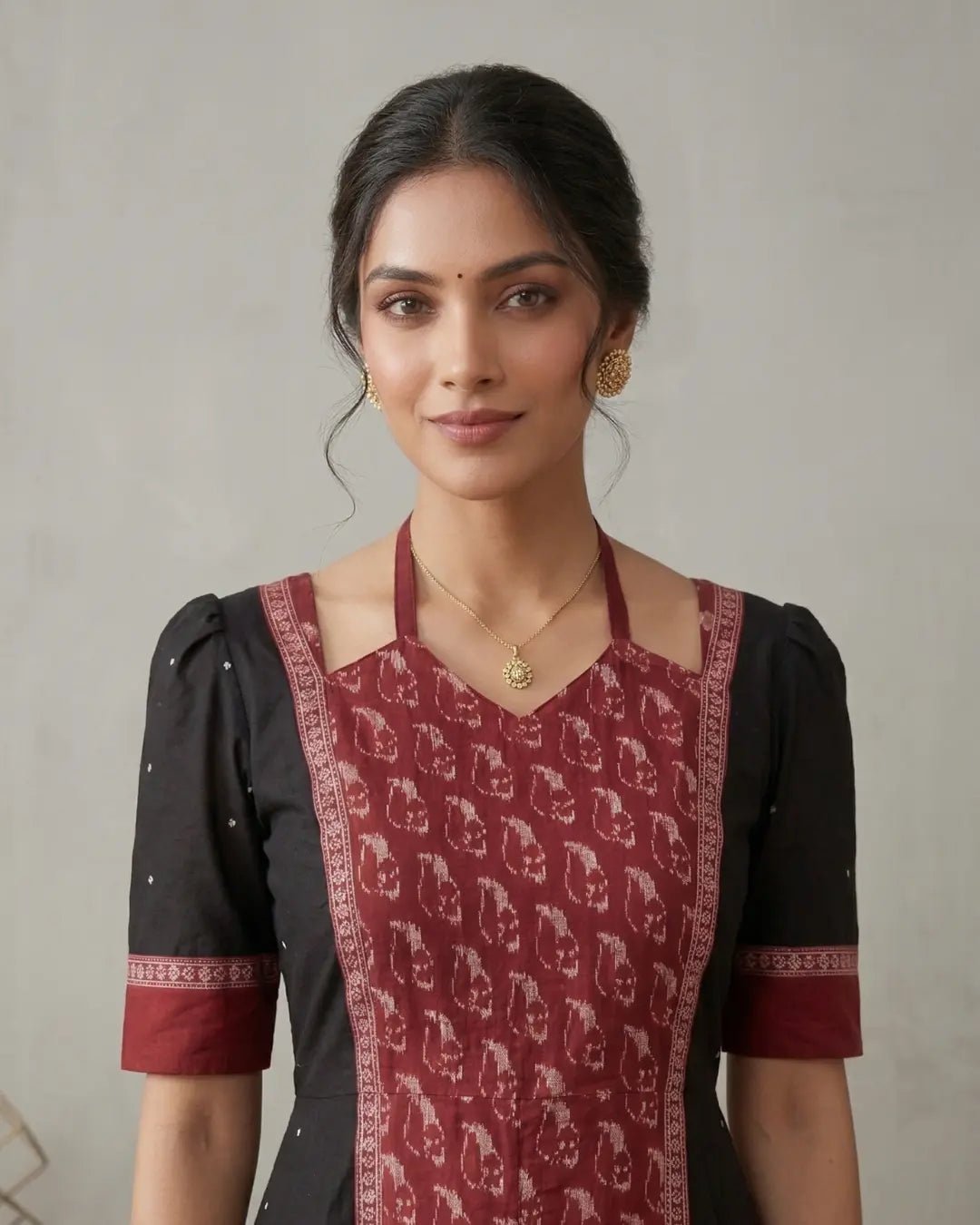 Sobhamanjari Black & Maroon Sambalpuri Handloom Gown - PINDHAN