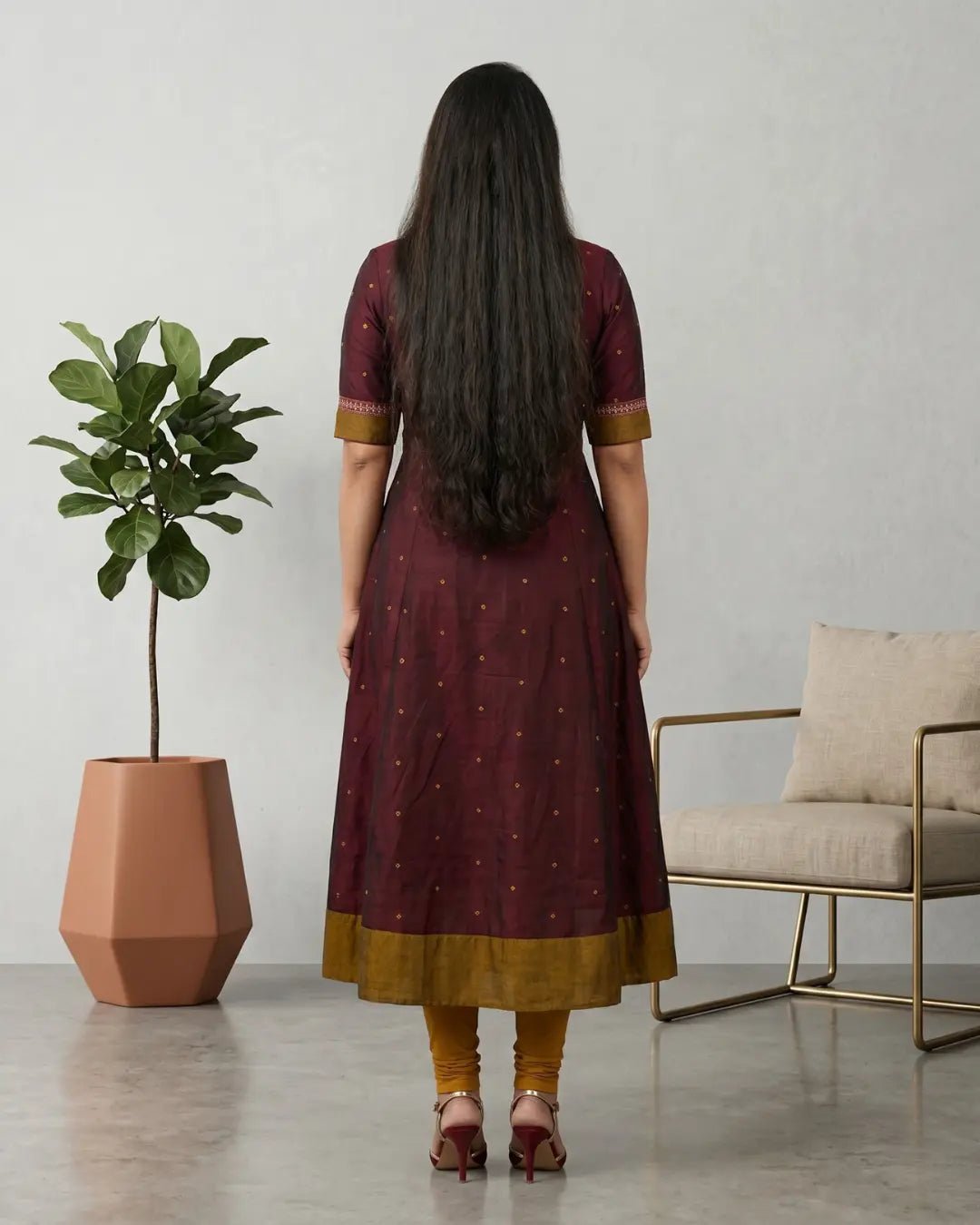 Vasudhara Maroon & Olive Sambalpuri Handloom Gown - PINDHAN