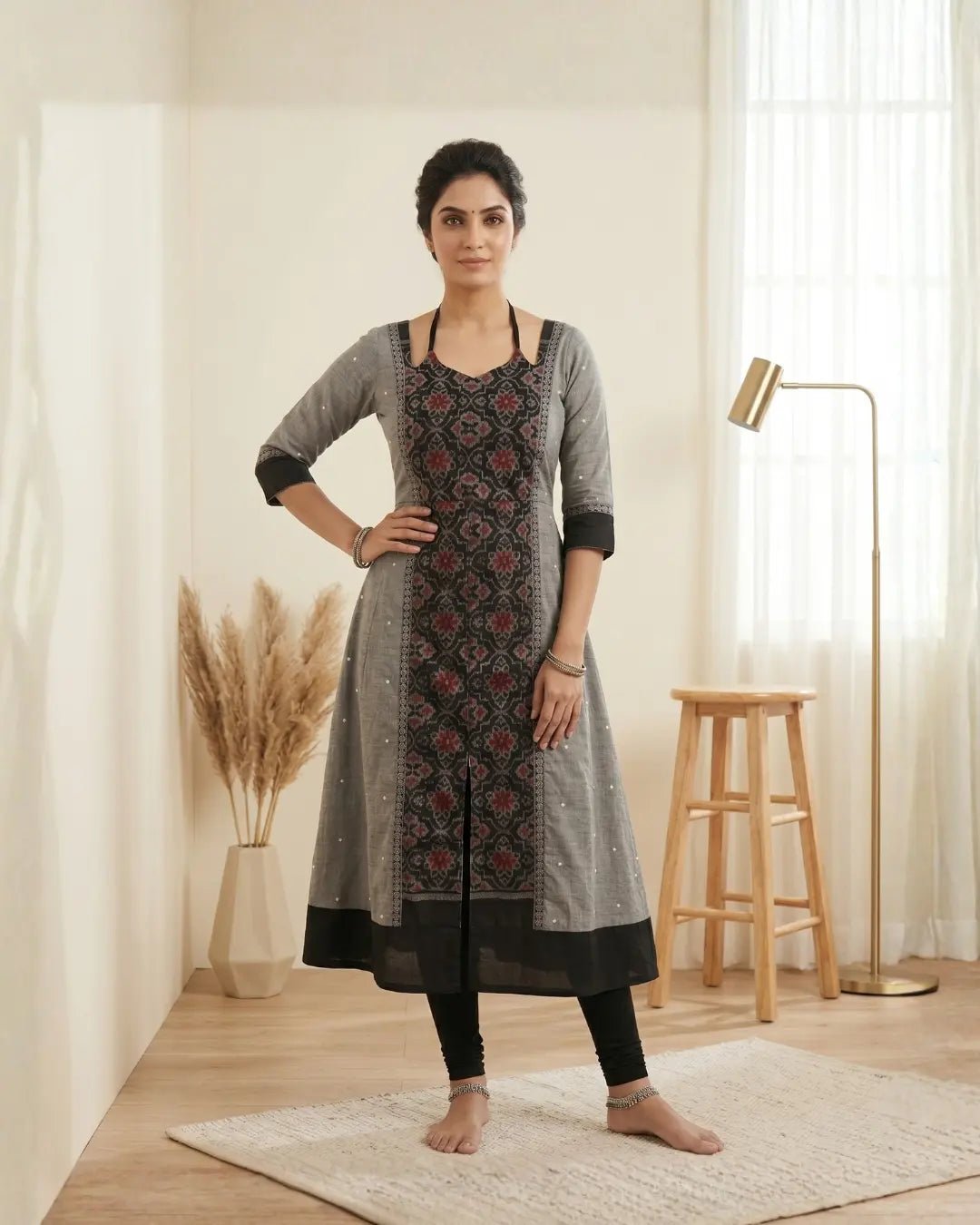 Sobhitangana Grey Sambalpuri Handloom Anarkali Dress - PINDHAN