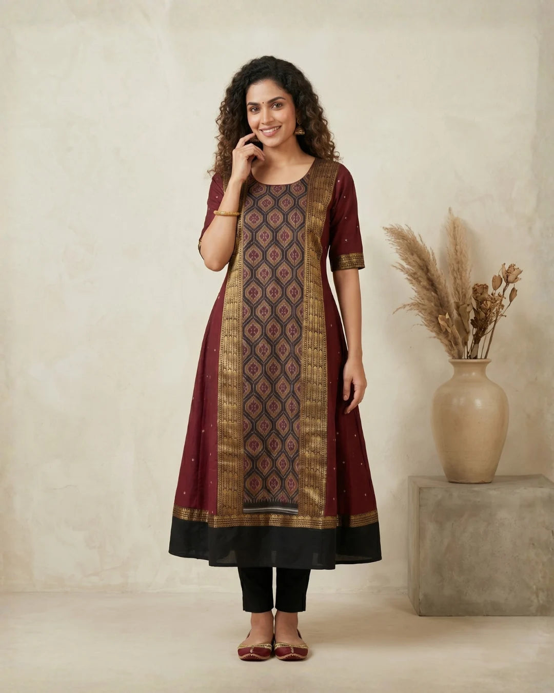 Madhavira Maroon Sambalpuri Handloom Anarkali