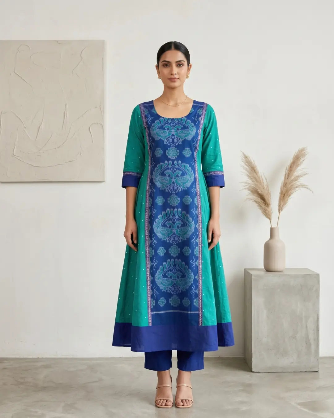 Nilatarangini Blue-Green Sambalpuri Handloom Anarkali Set