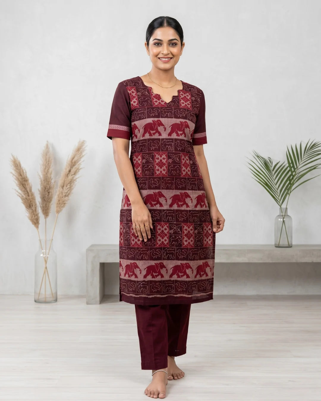 Gajamanjari Maroon Sambalpuri Handloom Kurti Set