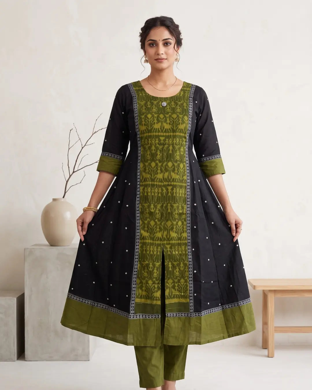 Harita Black & Olive Green Sambalpuri Handloom Anarkali