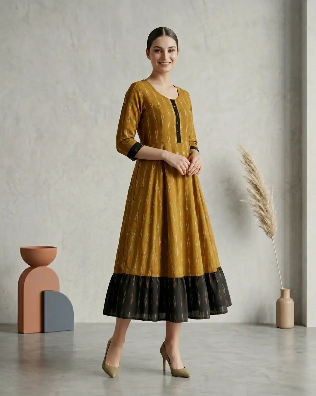 Kanchani Mustard Gold Sambalpuri Handloom Anarkali Dress
