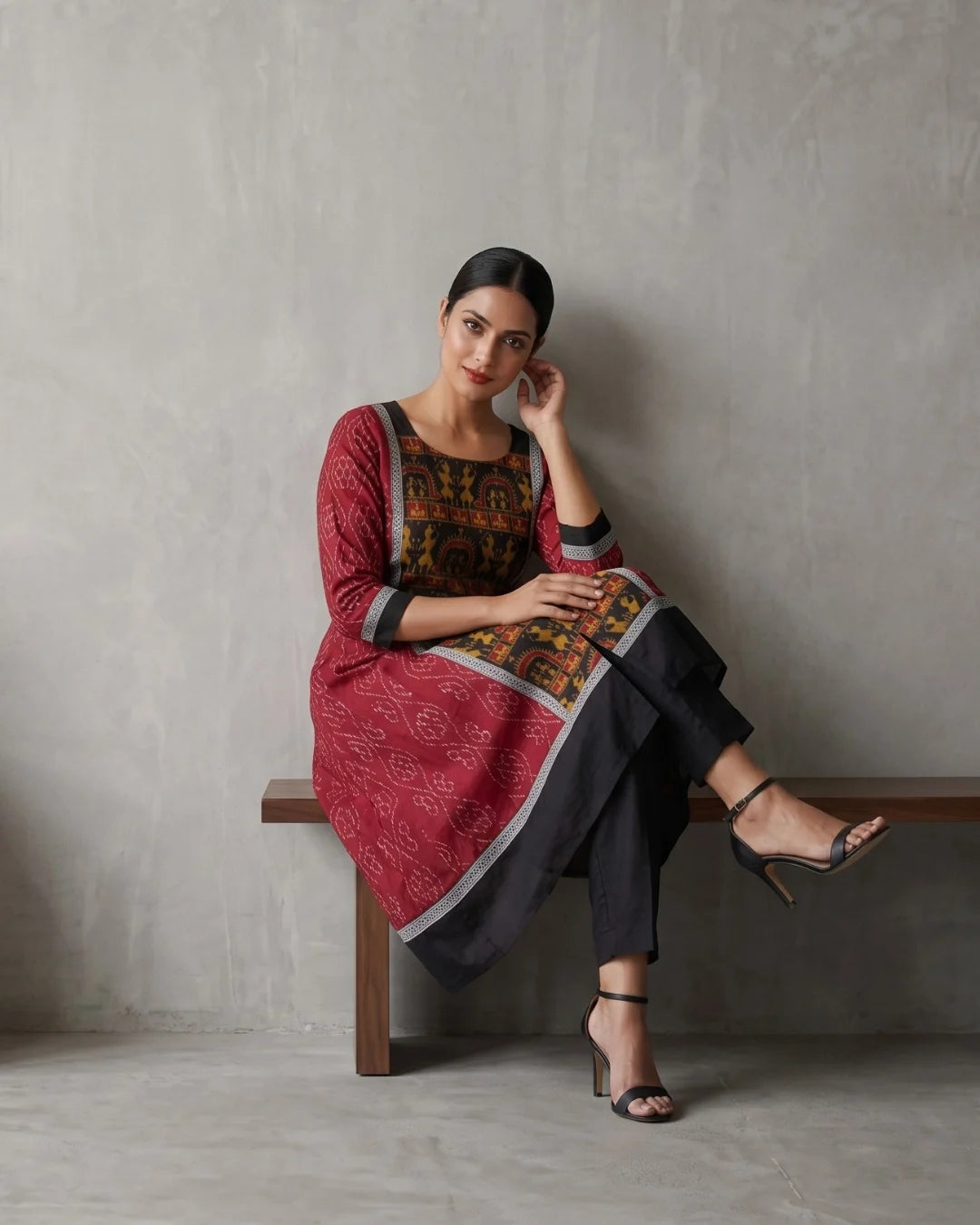 Madhavi Maroon Sambalpuri Handloom Anarkali Dress