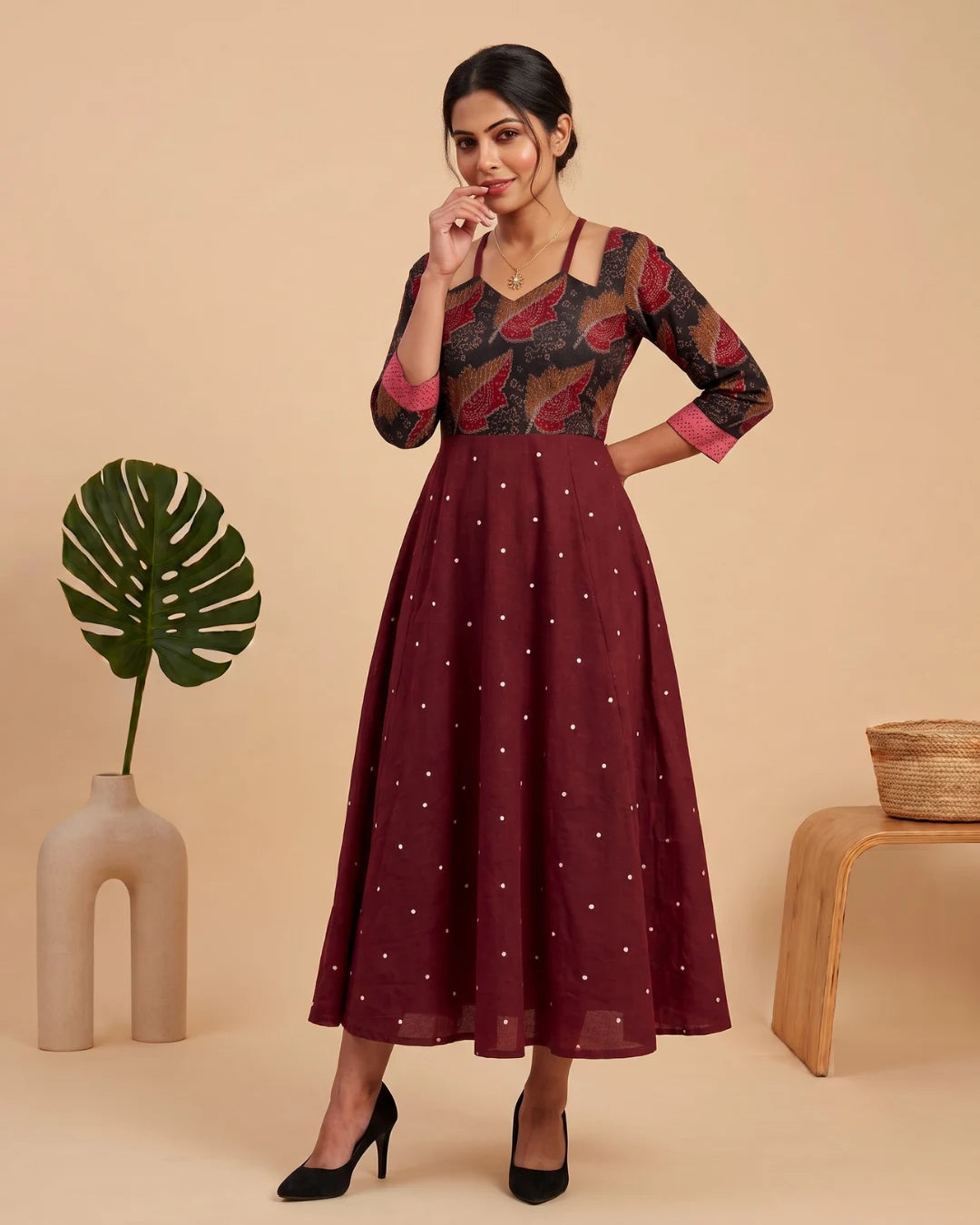 Shonima maroon Sambalpuri Handloom Anarkali Dress