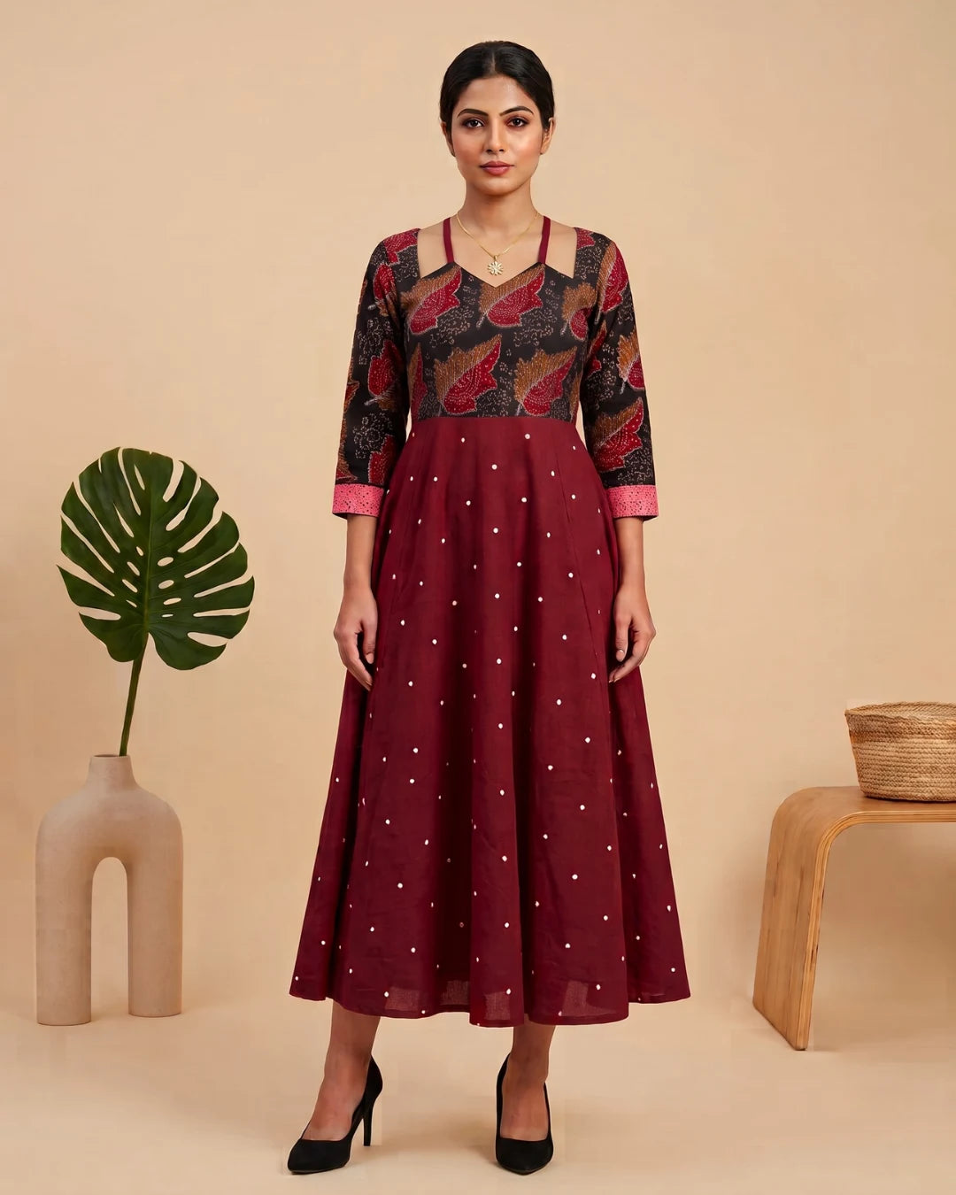Shonima maroon Sambalpuri Handloom Anarkali Dress