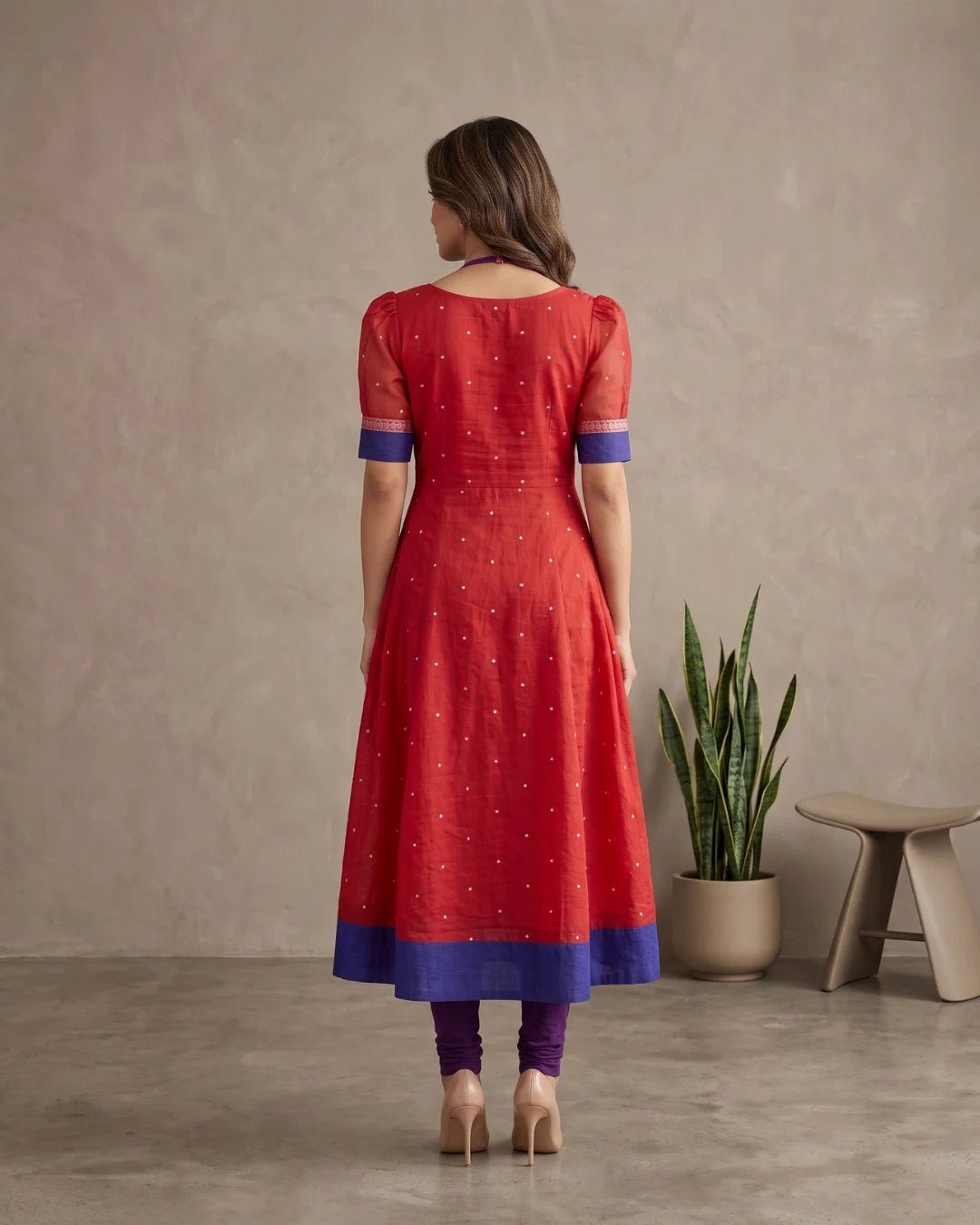 Padmaragini Coral Red & Purple Sambalpuri Handloom Anarkali Dress
