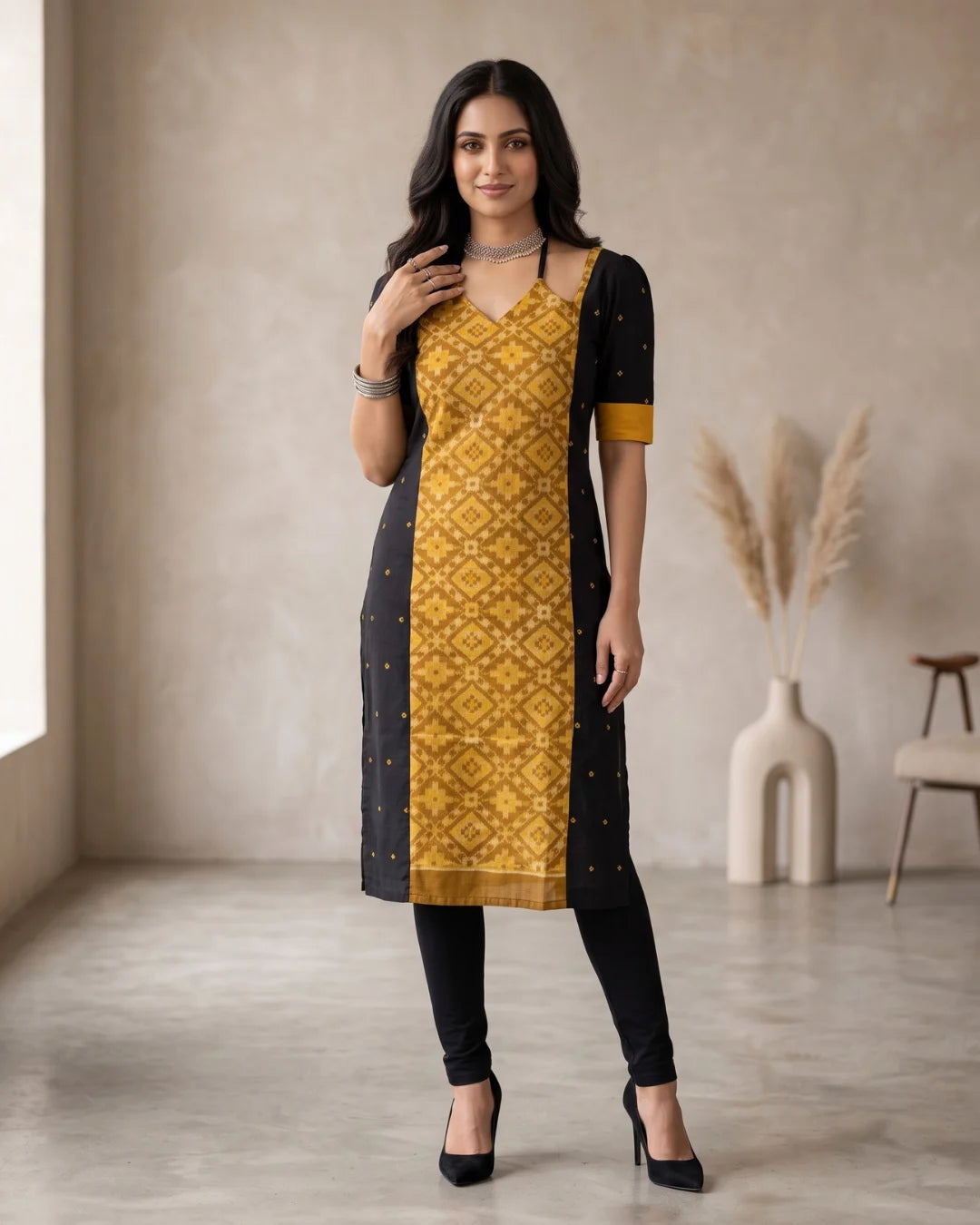 Pitambari Mustard Yellow & Black Sambalpuri Handloom Kurti