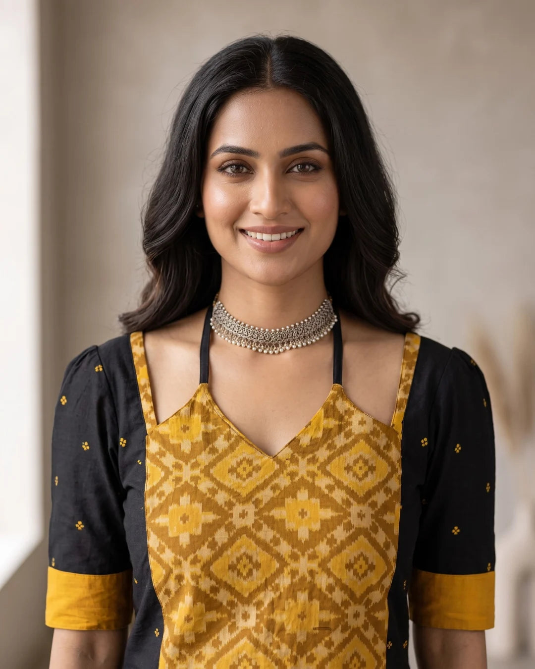 Pitambari Mustard Yellow & Black Sambalpuri Handloom Kurti