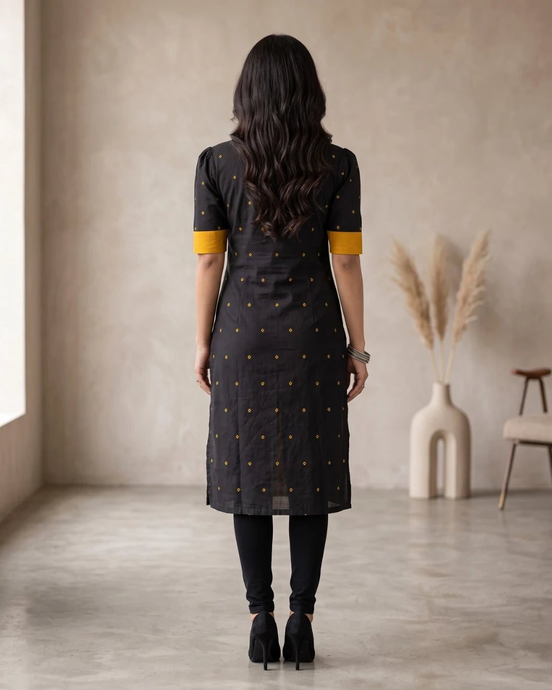 Pitambari Mustard Yellow & Black Sambalpuri Handloom Kurti