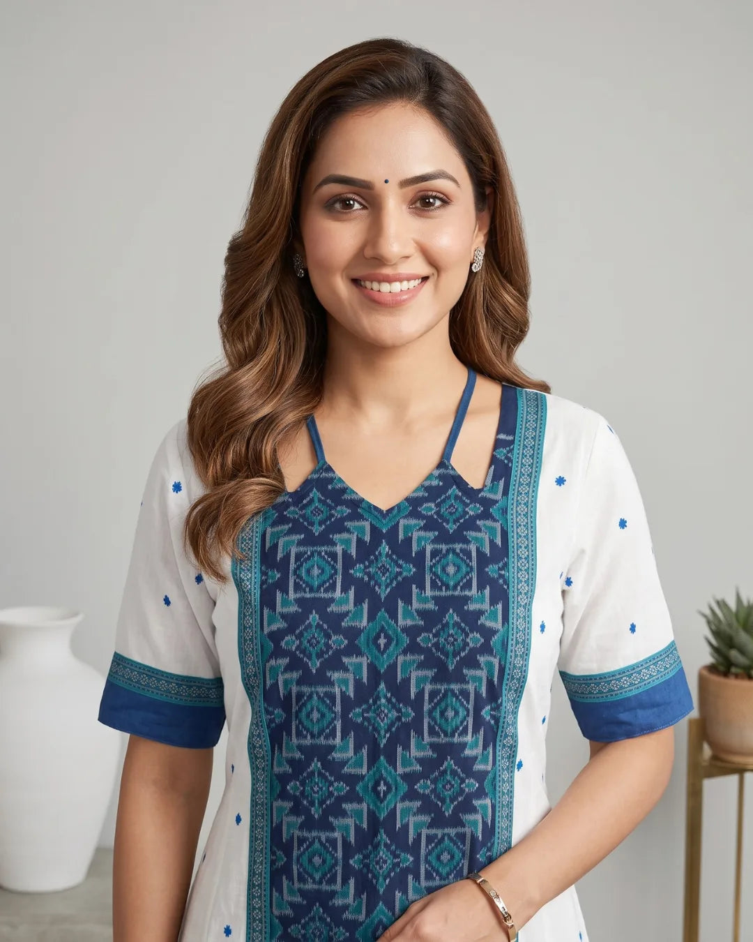 Shvetambari White & Royal Blue Sambalpuri Handloom Anarkali