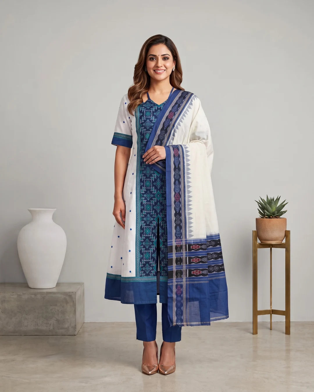 Shvetambari White & Royal Blue Sambalpuri Handloom Anarkali