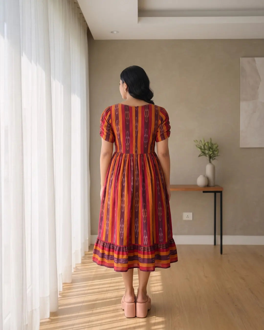 Bhairavi Maroon & Mustard Sambalpuri Handloom Midi Dress