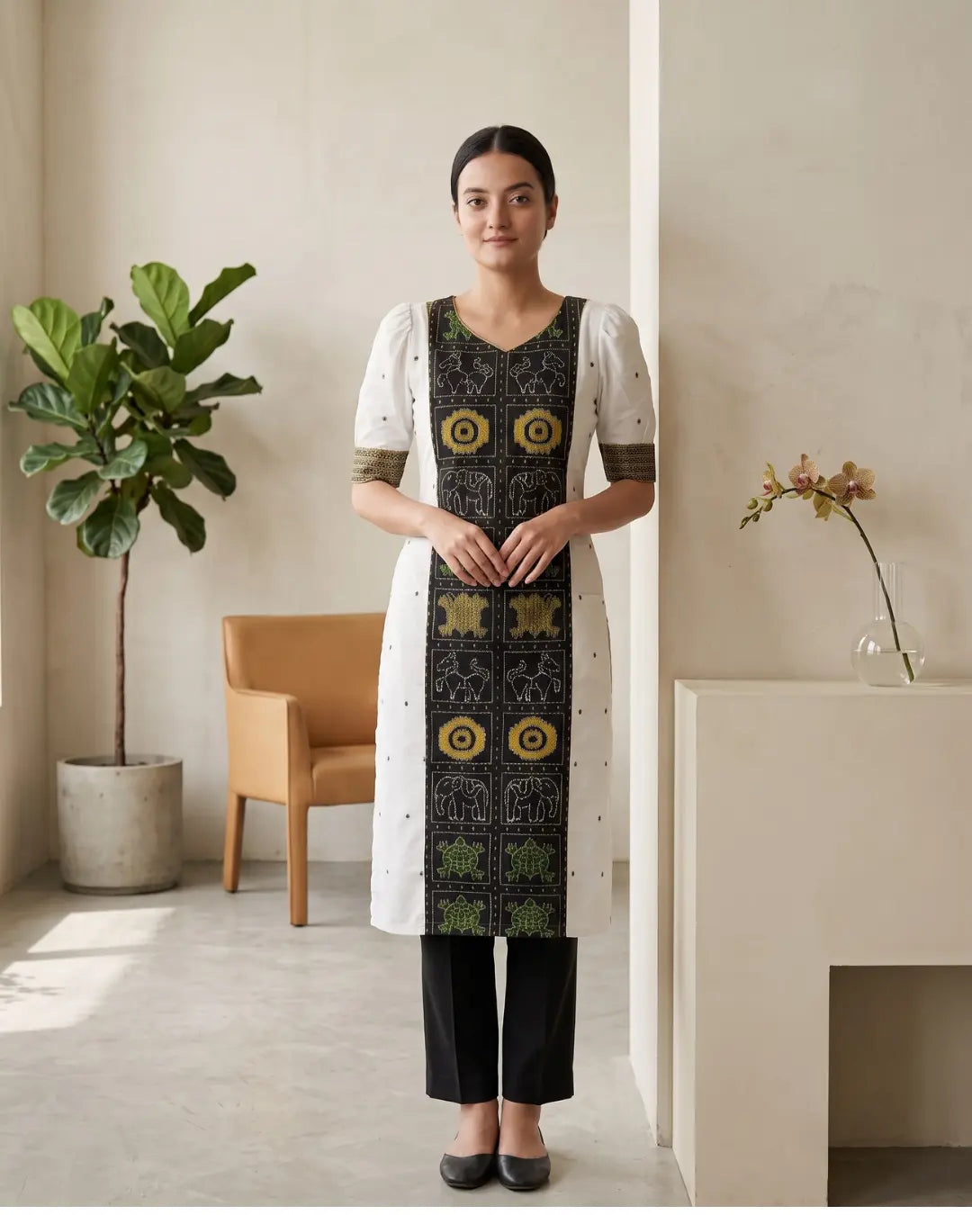 Aarohi White & Black Sambalpuri Handloom Kurti