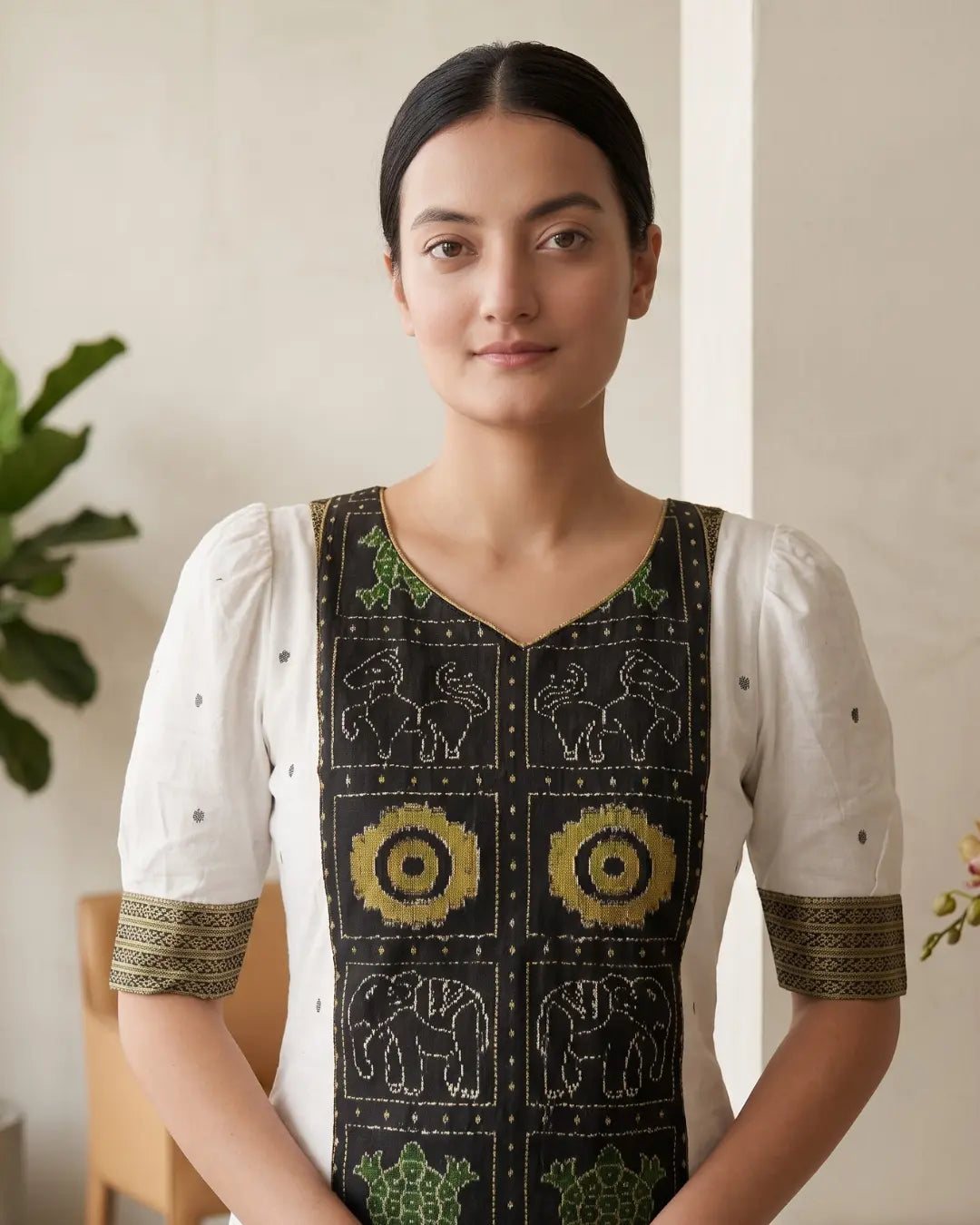 Aarohi White & Black Sambalpuri Handloom Kurti