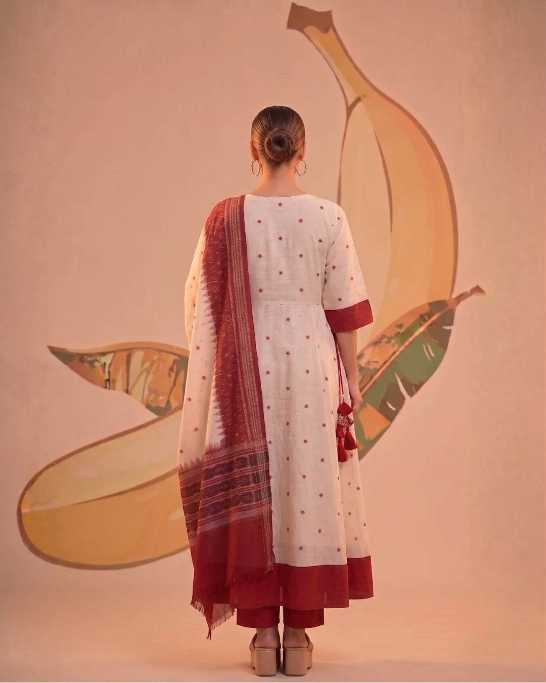 Avika White & Red Sambalpuri Handloom Anarkali