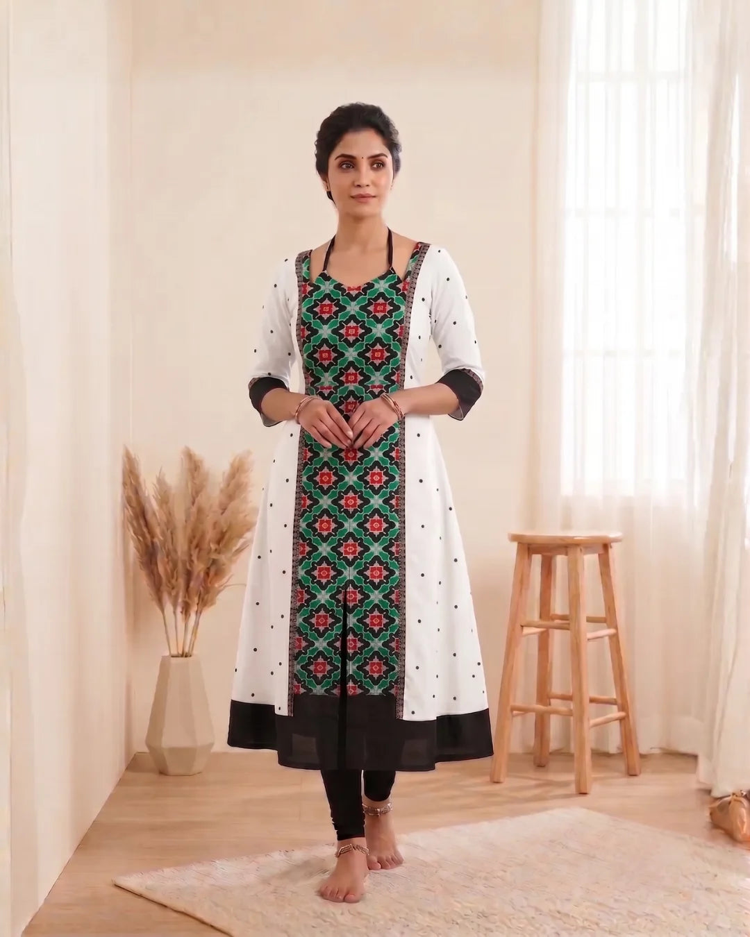 Vasudha White & Green Sambalpuri Handloom Anarkali