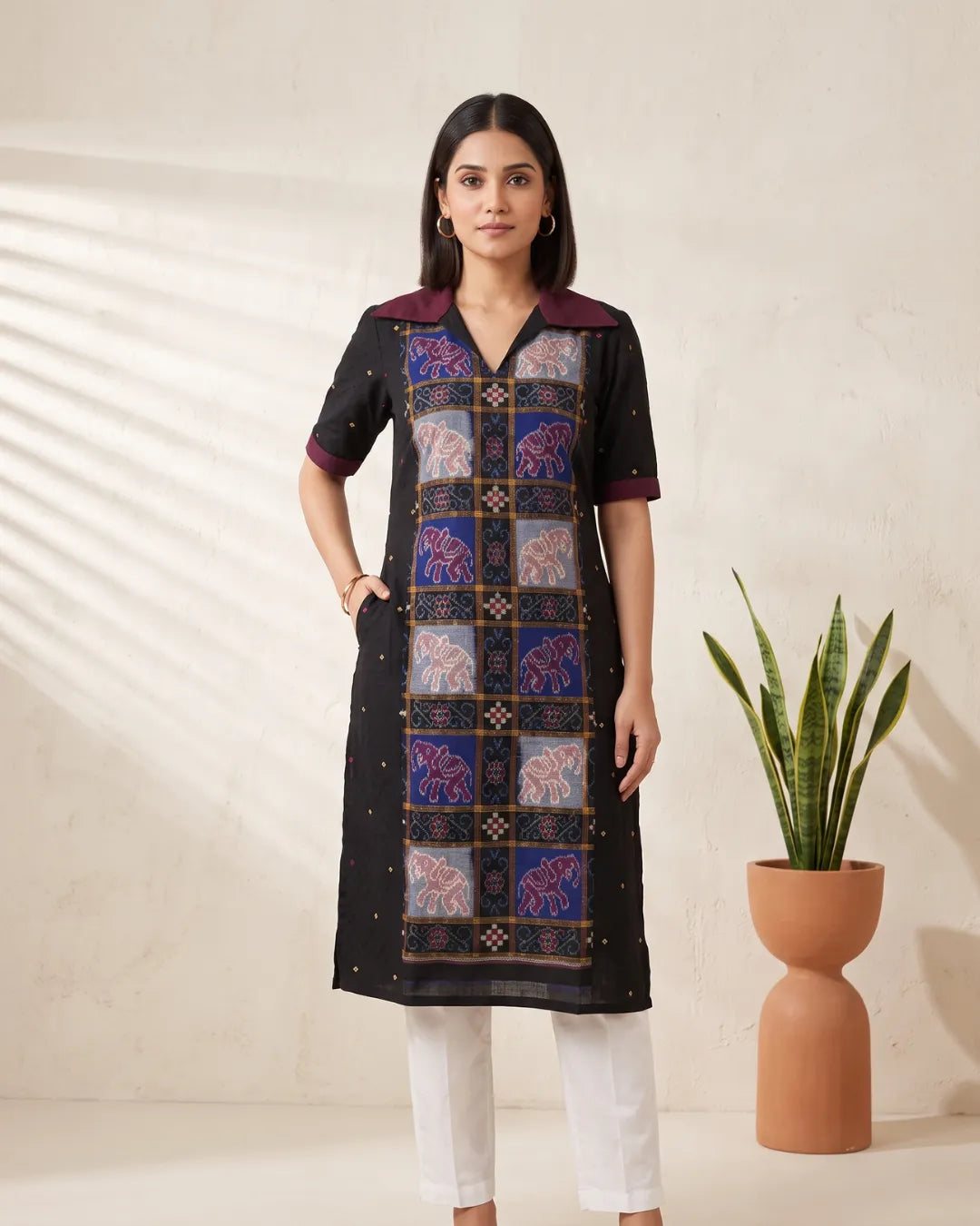 Gaja Black & Maroon Sambalpuri Handloom Kurti