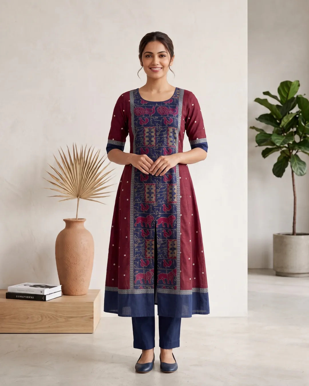 Mriga Maroon & Navy Sambalpuri Handloom Anarkali Dress