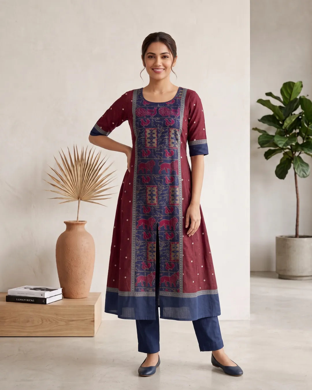 Mriga Maroon & Navy Sambalpuri Handloom Anarkali Dress