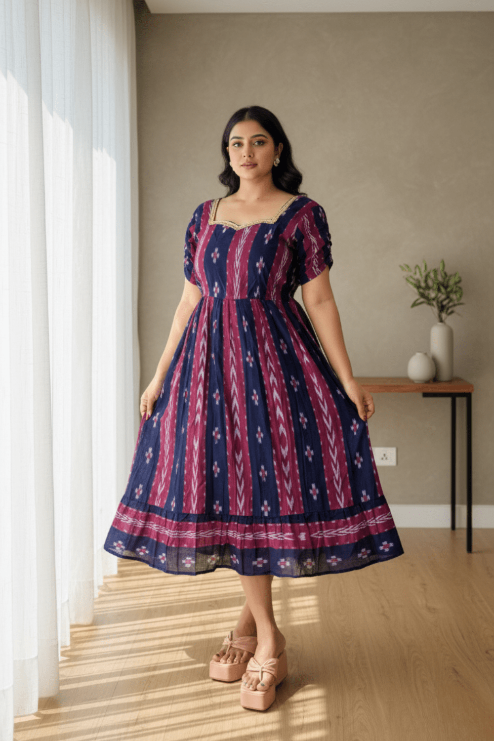 Sambalpuri Handloom Navy and Pink Midi Dress - PINDHAN