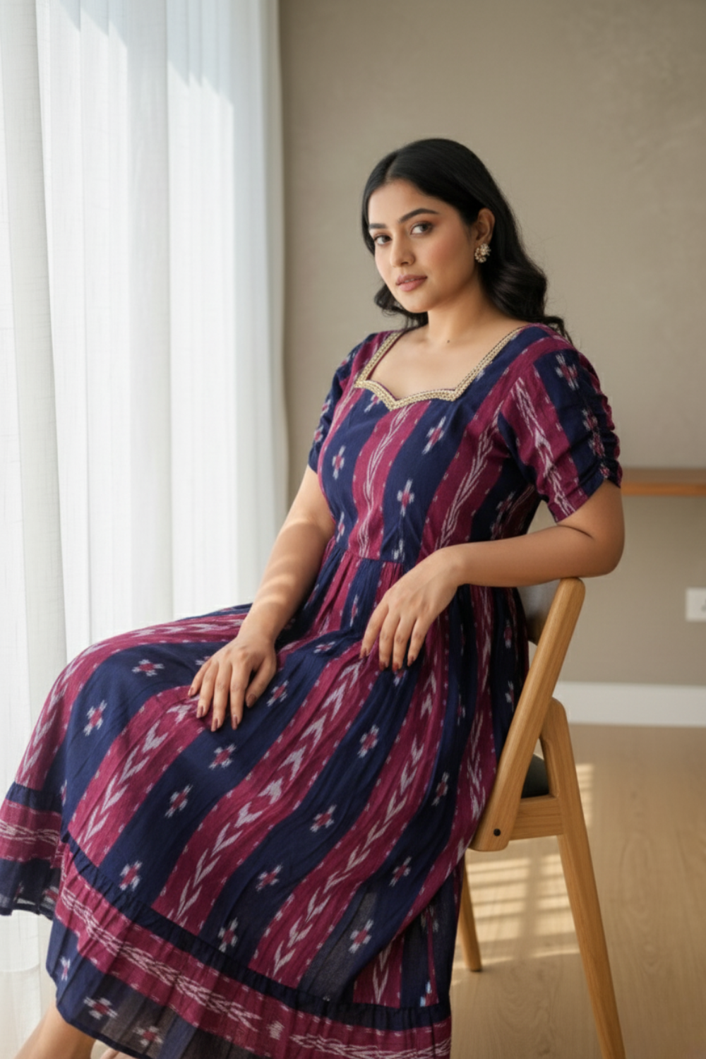 Sambalpuri Handloom Navy and Pink Midi Dress