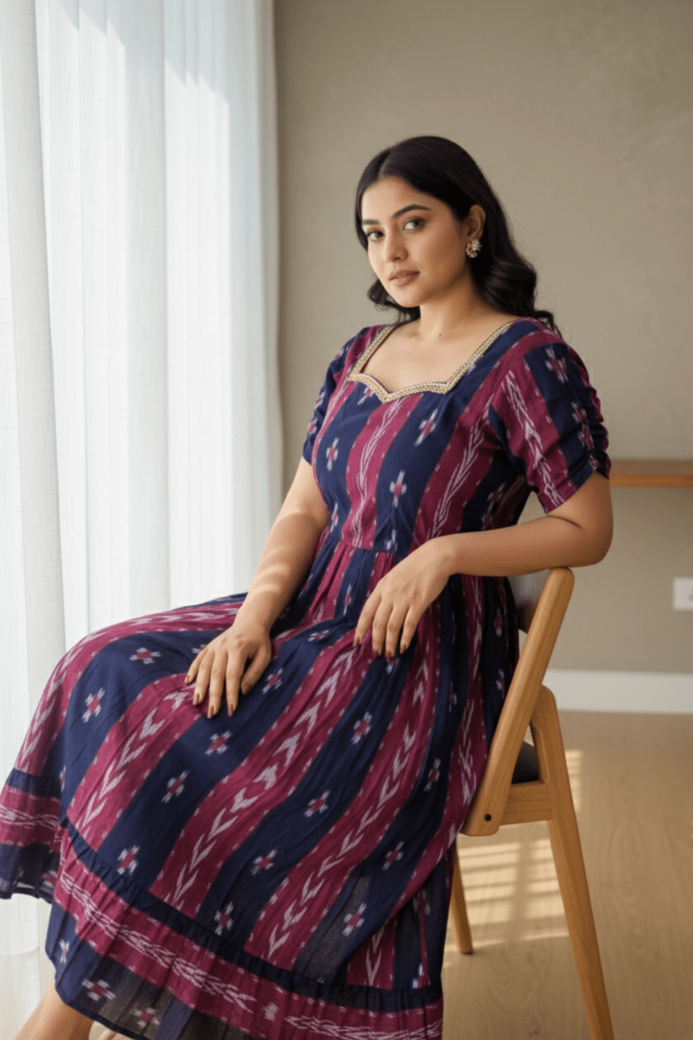 Sambalpuri Handloom Navy and Pink Midi Dress - PINDHAN