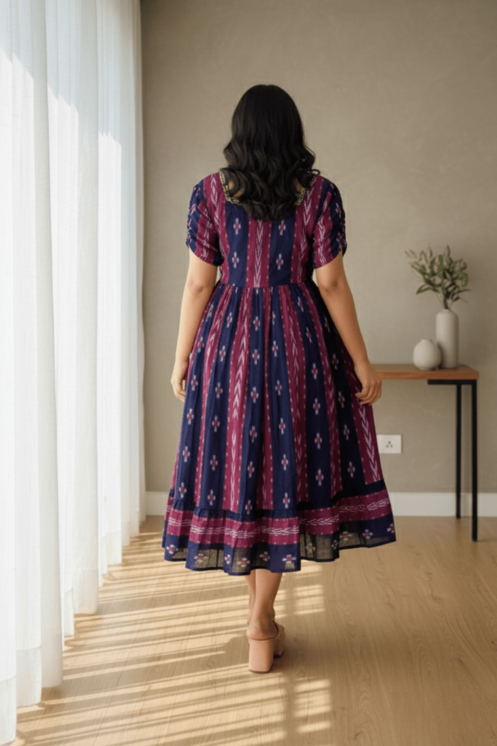 Sambalpuri Handloom Navy and Pink Midi Dress - PINDHAN