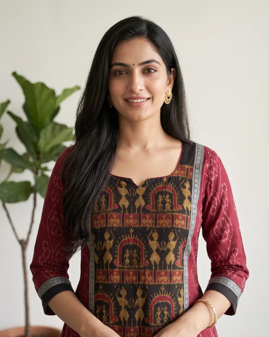 Madhavi Maroon Sambalpuri Handloom Anarkali Dress