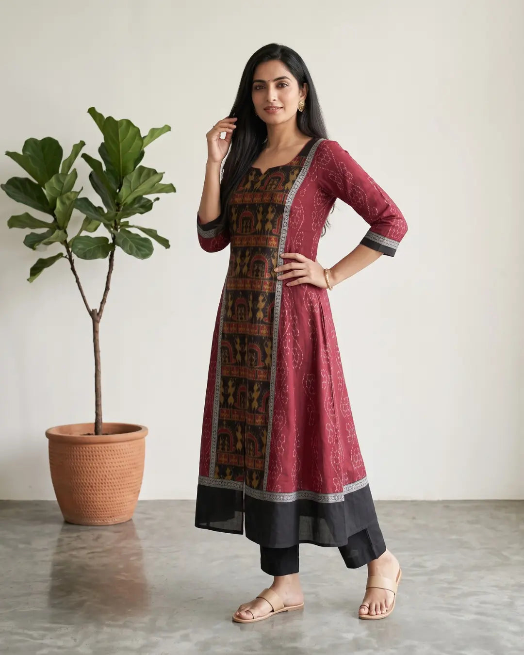 Madhavi Maroon Sambalpuri Handloom Anarkali Dress