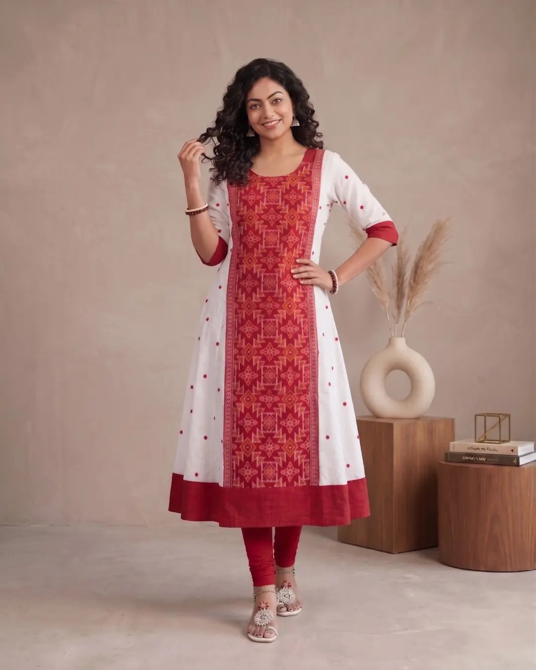 Diptiragini Red & Ivory Sambalpuri Handloom Anarkali Dress