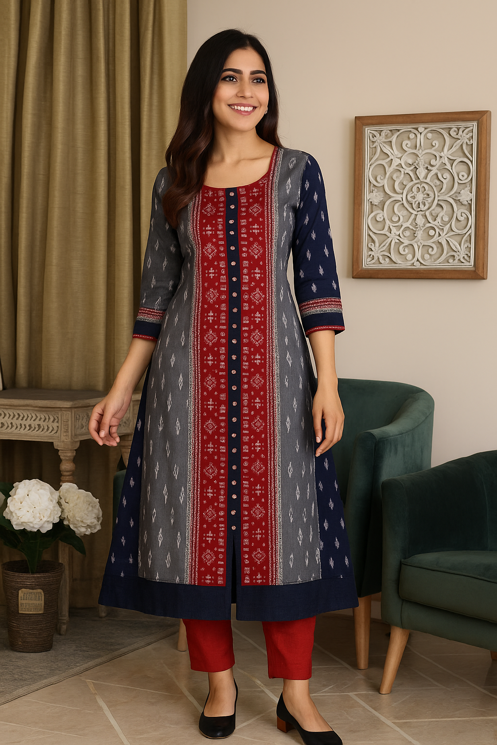 Sambalpuri Handwoven Red and Grey Kurti Set
