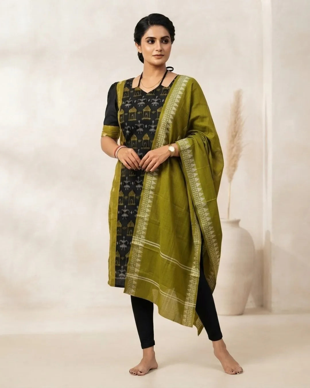 Aranya Black & Olive Green Sambalpuri Handloom Kurta Set