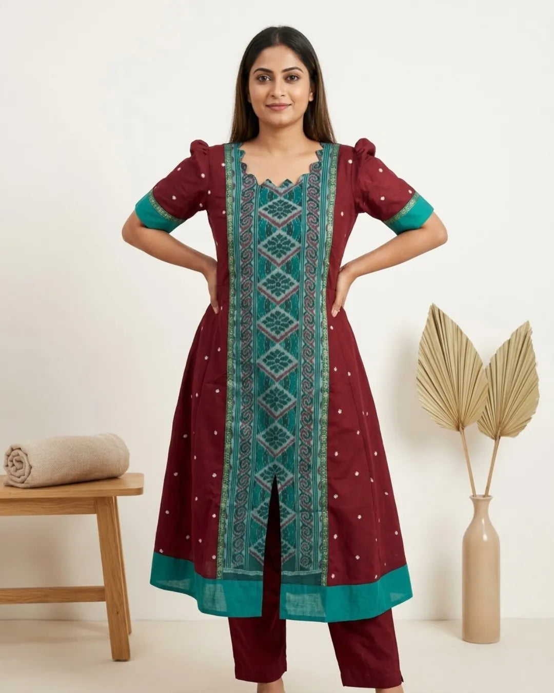Tarini Maroon & Teal Sambalpuri Handloom Anarkali Dress