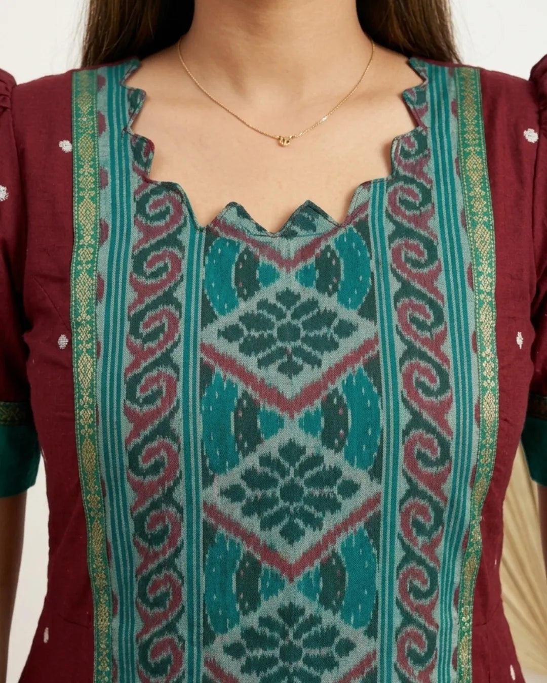 Tarini Maroon & Teal Sambalpuri Handloom Anarkali Dress