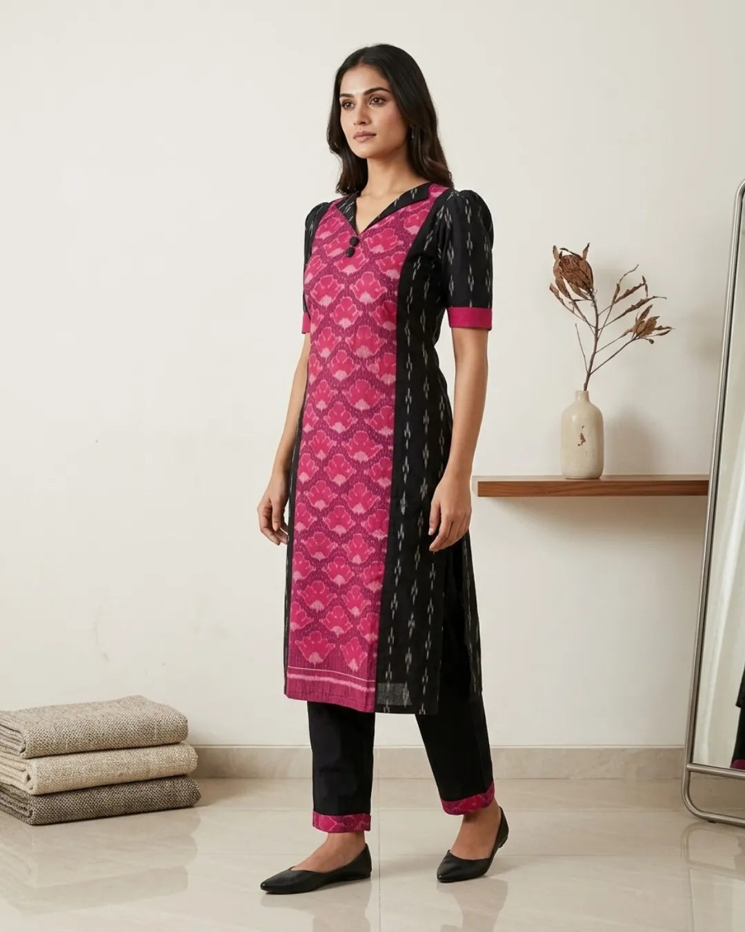 Shruti Pink & Black Sambalpuri Handloom Kurti