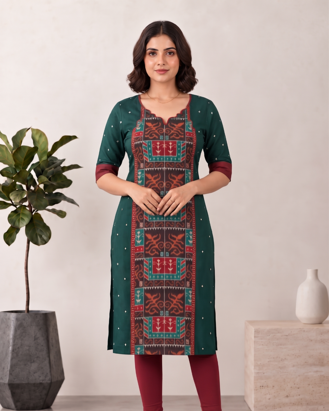 Varnika, Bottle Green & Maroon Sambalpuri Handloom Cotton Kurti