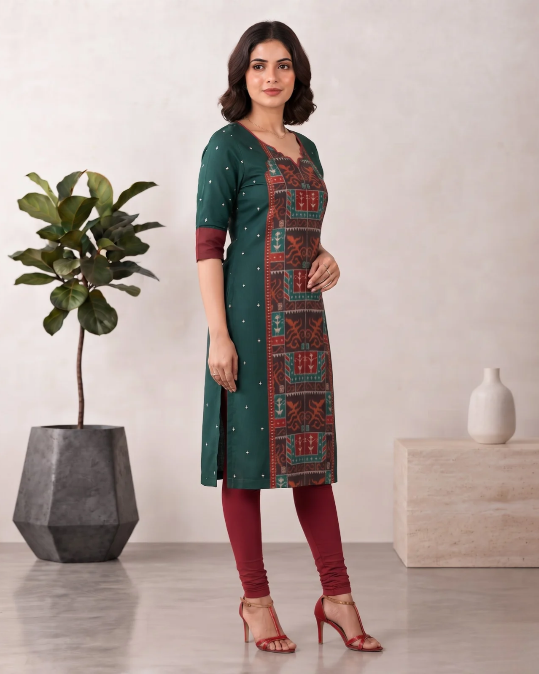 Varnika, Bottle Green & Maroon Sambalpuri Handloom Cotton Kurti