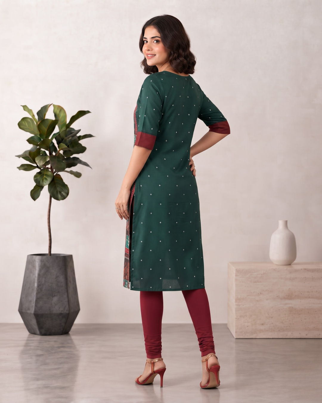 Varnika, Bottle Green & Maroon Sambalpuri Handloom Cotton Kurti