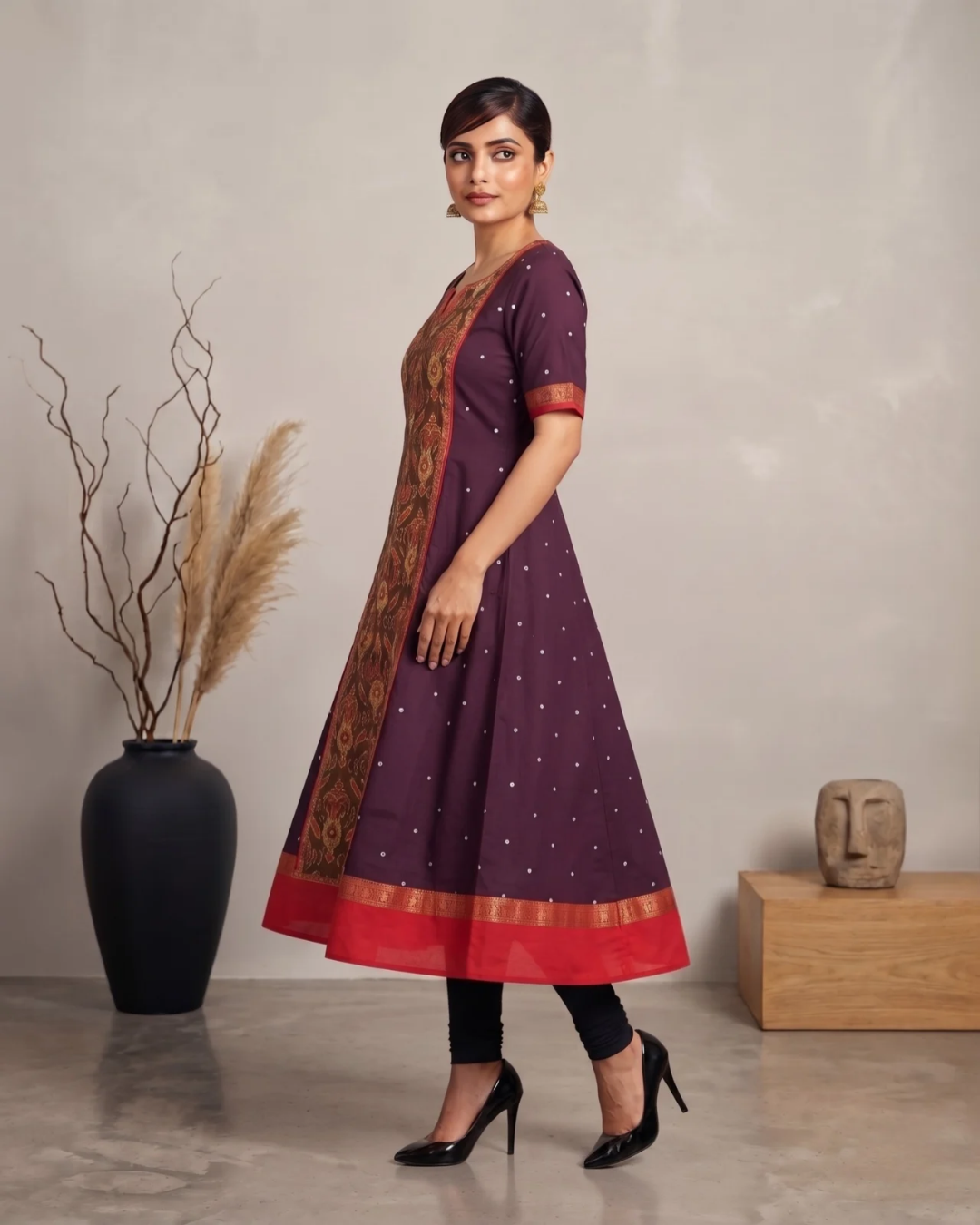 Vaidehi, Plum Purple & Red Sambalpuri Handloom Cotton Gown